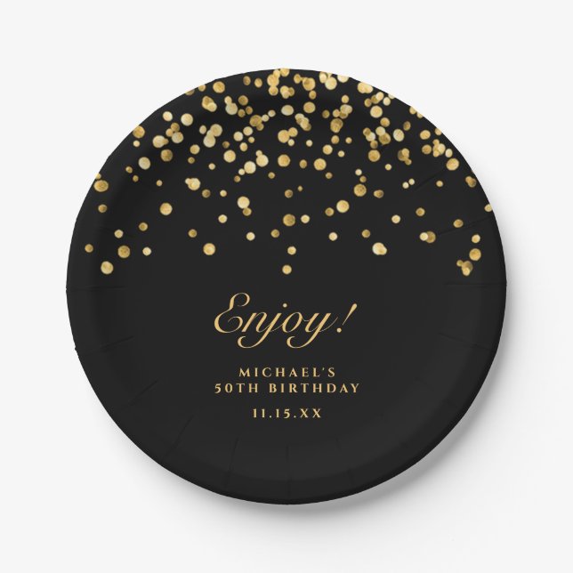 Elegant Black & Gold Glitter 50th Birthday  Paper Plates (Front)