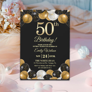 Elegant Black Gold Glitter 50th Birthday Party Invitation