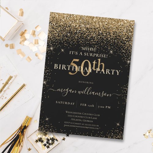 Elegant Black Gold Glitter 50th Birthday Party Invitation