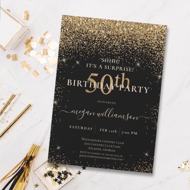 Elegant Black Gold Glitter 50th Birthday Party Invitation (Creator Uploaded)