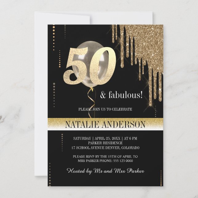 Elegant Black  Gold Glitter 50th Birthday Party Invitation (Front)