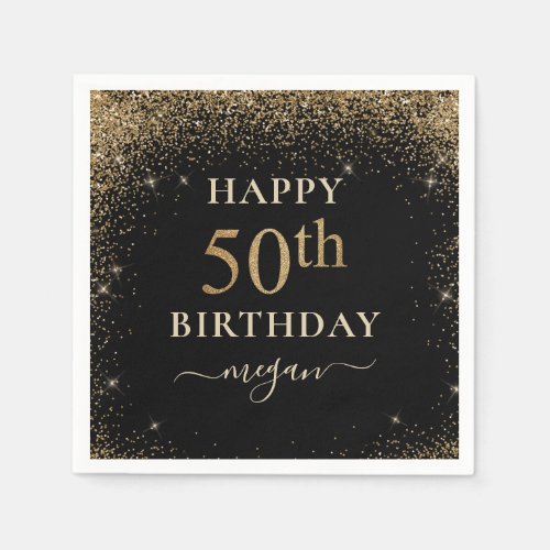 Elegant Black Gold Glitter 50th Birthday Party  Napkins