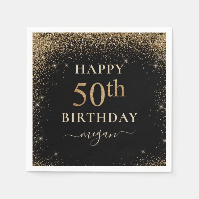 Elegant Black Gold Glitter 50th Birthday Party  Napkins (Front)