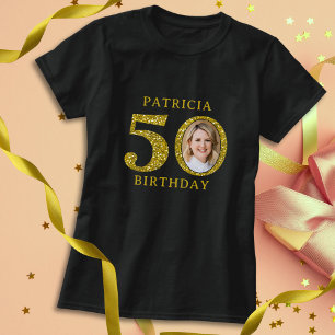 Elegant Black Gold Glitter 50th Birthday Photo T-Shirt