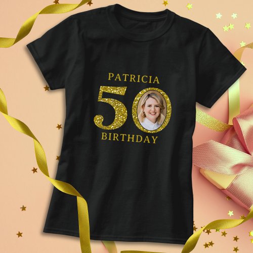 Elegant Black Gold Glitter 50th Birthday Photo T_Shirt