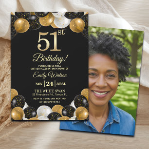 Elegant Black Gold Glitter 51st Birthday Photo Invitation