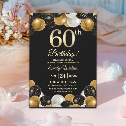 Elegant Black Gold Glitter 60th Birthday Party
