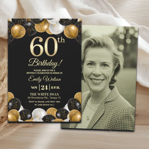 Elegant Black Gold Glitter 60th Birthday Photo