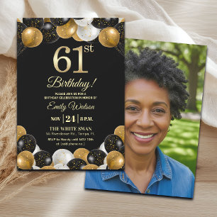 Elegant Black Gold Glitter 61st Birthday Photo Invitation