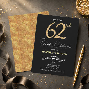 Elegant Black Gold Glitter 62nd Birthday Party Invitation