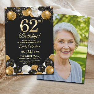 Elegant Black Gold Glitter 62nd Birthday Photo Invitation