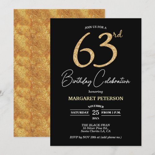 Elegant Black Gold Glitter 63rd Birthday Party Invitation
