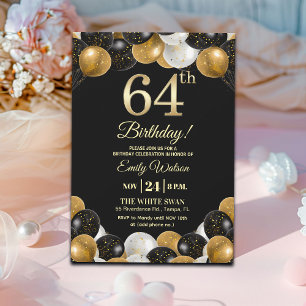 Elegant Black Gold Glitter 64th Birthday Party Invitation