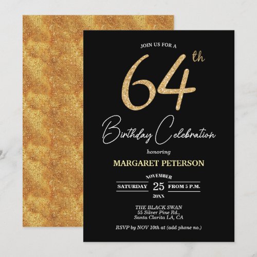 Elegant Black Gold Glitter 64th Birthday Party Invitation