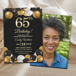Elegant Black Gold Glitter 65th Birthday Photo Invitation