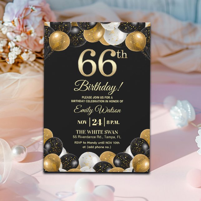 Elegant Black Gold Glitter 66th Birthday Party Invitation (Creator Uploaded)