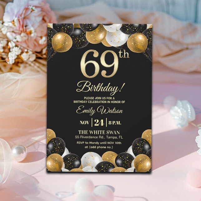 Elegant Black Gold Glitter 69th Birthday Party Invitation (Creator Uploaded)