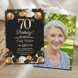 Elegant Black Gold Glitter 70th Birthday Photo Invitation<br><div class="desc">An elegant modern design featuring gold 70th number,  balloons with gold and black glitter and a special photo of the birthday person on the back of the invitation. Customize the details for a unique and chic Birthday Celebration.</div>