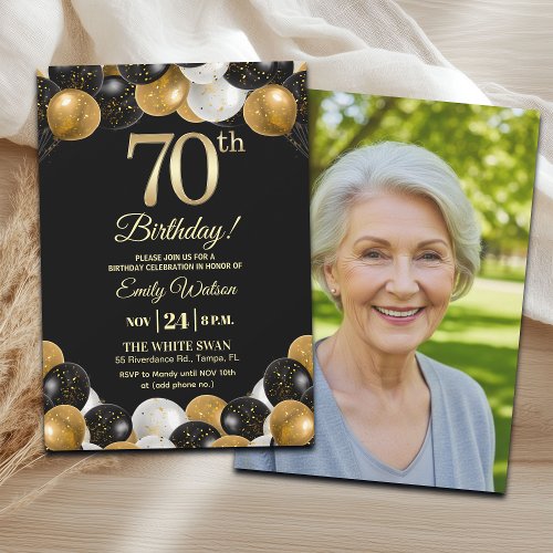 Elegant Black Gold Glitter 70th Birthday Photo