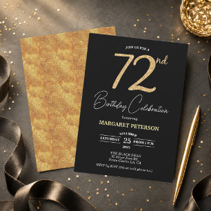Elegant Black Gold Glitter 72nd Birthday Party Invitation