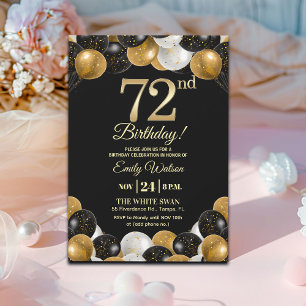 Elegant Black Gold Glitter 72nd Birthday Party Invitation