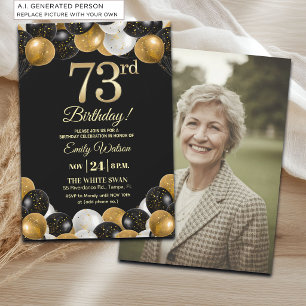 Elegant Black Gold Glitter 73rd Birthday Photo Invitation