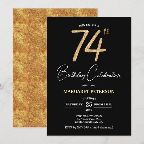 Elegant Black Gold Glitter 74th Birthday Party Invitation