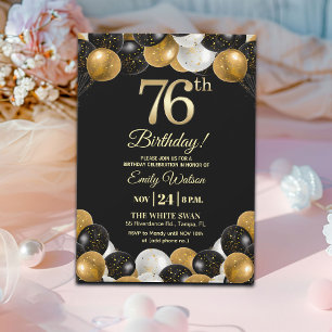 Elegant Black Gold Glitter 76th Birthday  Invitation