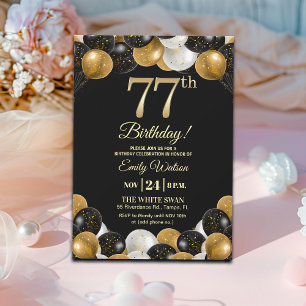 Elegant Black Gold Glitter 77th Birthday Invitation