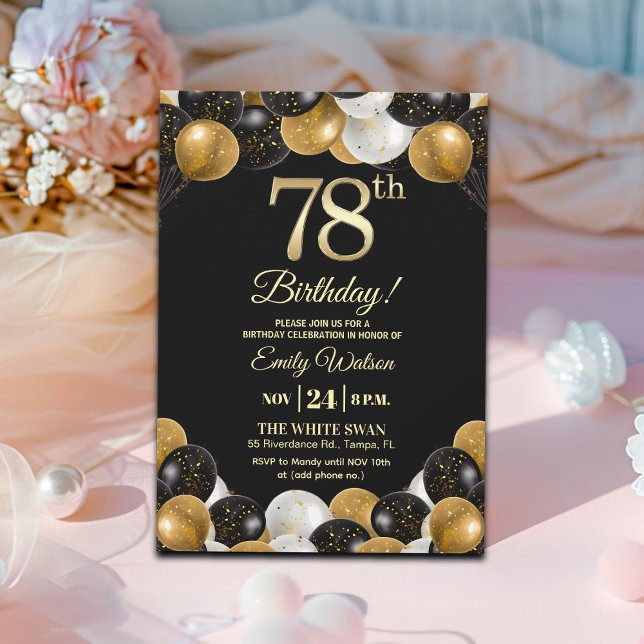Elegant Black Gold Glitter 78th Birthday  Invitation (Creator Uploaded)