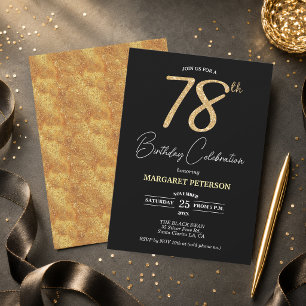 Elegant Black Gold Glitter 78th Birthday Party Invitation