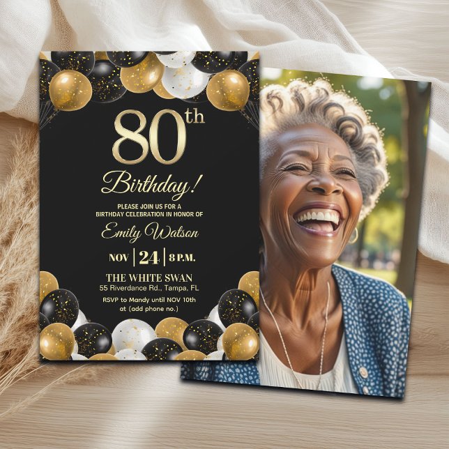 Elegant Black Gold Glitter 80th Birthday Photo Invitation (Creator Uploaded)