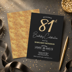 Elegant Black Gold Glitter 81st Birthday Party Invitation