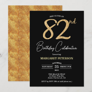 Elegant Black Gold Glitter 82nd Birthday Party Invitation