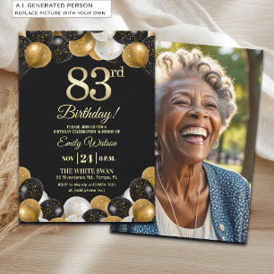 Elegant Black Gold Glitter 83rd Birthday Photo Invitation