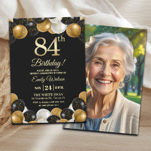 Elegant Black Gold Glitter 84th Birthday Photo Invitation