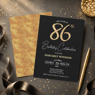 Elegant Black Gold Glitter 86th Birthday Party Invitation