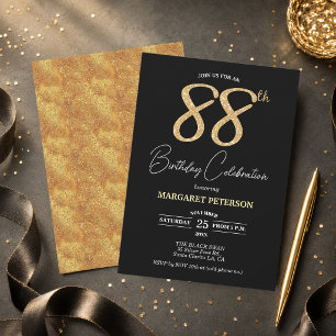 Elegant Black Gold Glitter 88th Birthday Party Invitation