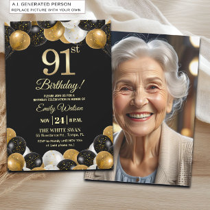 Elegant Black Gold Glitter 91st Birthday Photo Invitation