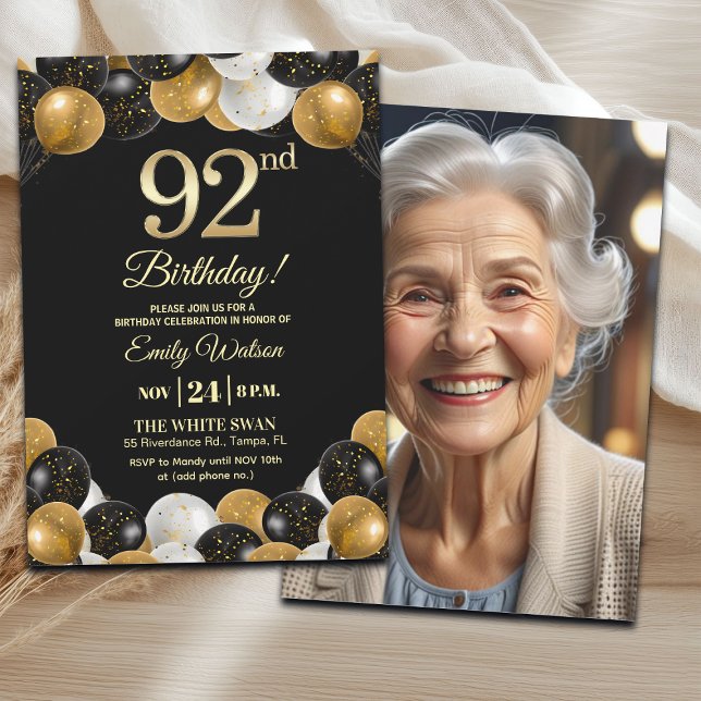 Elegant Black Gold Glitter 92nd Birthday Photo Invitation (Creator Uploaded)