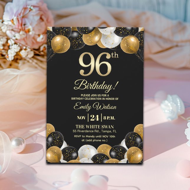 Elegant Black Gold Glitter 96th Birthday  Invitation (Creator Uploaded)