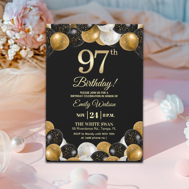 Elegant Black Gold Glitter 97th Birthday Invitation (Creator Uploaded)