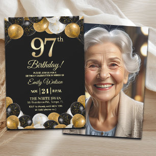 Elegant Black Gold Glitter 97th Birthday Photo Invitation