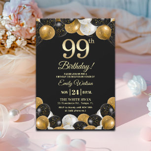 Elegant Black Gold Glitter 99th Birthday  Invitation