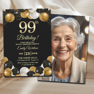 Elegant Black Gold Glitter 99th Birthday Photo Invitation
