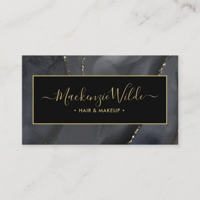 Elegant Black Gold Glitter Agate Marble Chic Business Card (Front)