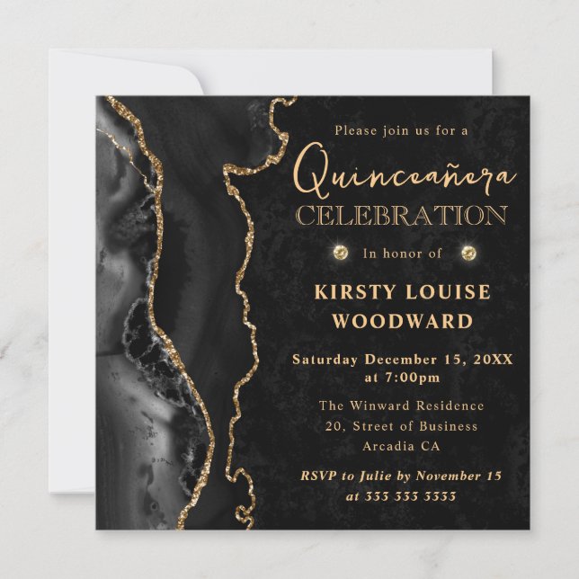 Elegant Black Gold Glitter Agate Quinceanera Invitation (Front)