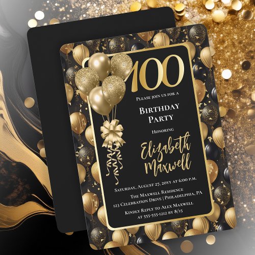 Elegant Black Gold Glitter Balloon 100th Birthday 