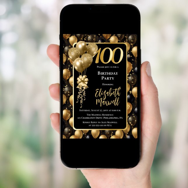 Elegant Black Gold Glitter Balloon 100th Birthday  Invitation (Front Digital)