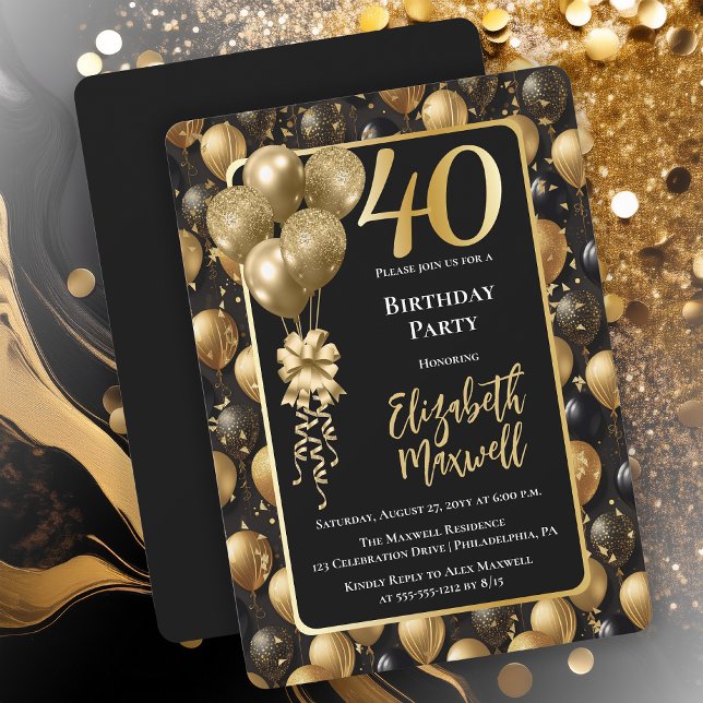 Elegant Black Gold Glitter Balloons 40th Birthday  Invitation (Elegant Black Gold-Tone Faux Glitter Balloons Pattern 40th Birthday Party Invitation 
Print Digital)
